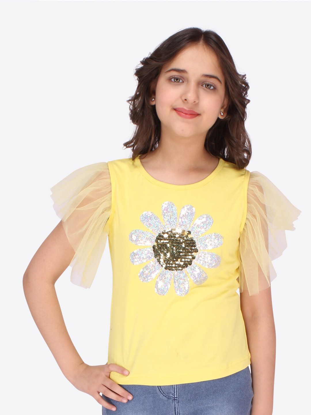 

CUTECUMBER Yellow & Silver-Toned Floral Embellished Top