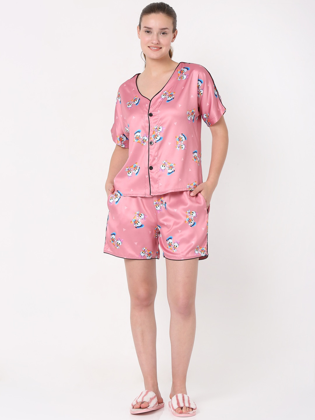 

Smarty Pants Women Pink & Blue Satin Printed Night suit
