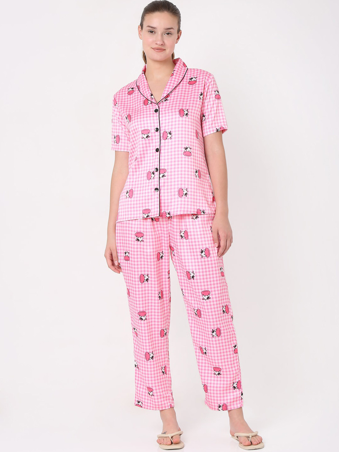 

Smarty Pants Women Pink & White Cartoon Characters Printed Silk Satin Night Suit