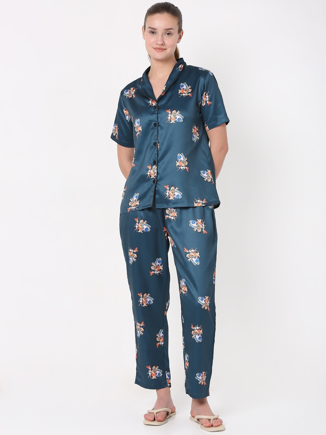 

Smarty Pants Women Teal & White Satin Printed Night suit