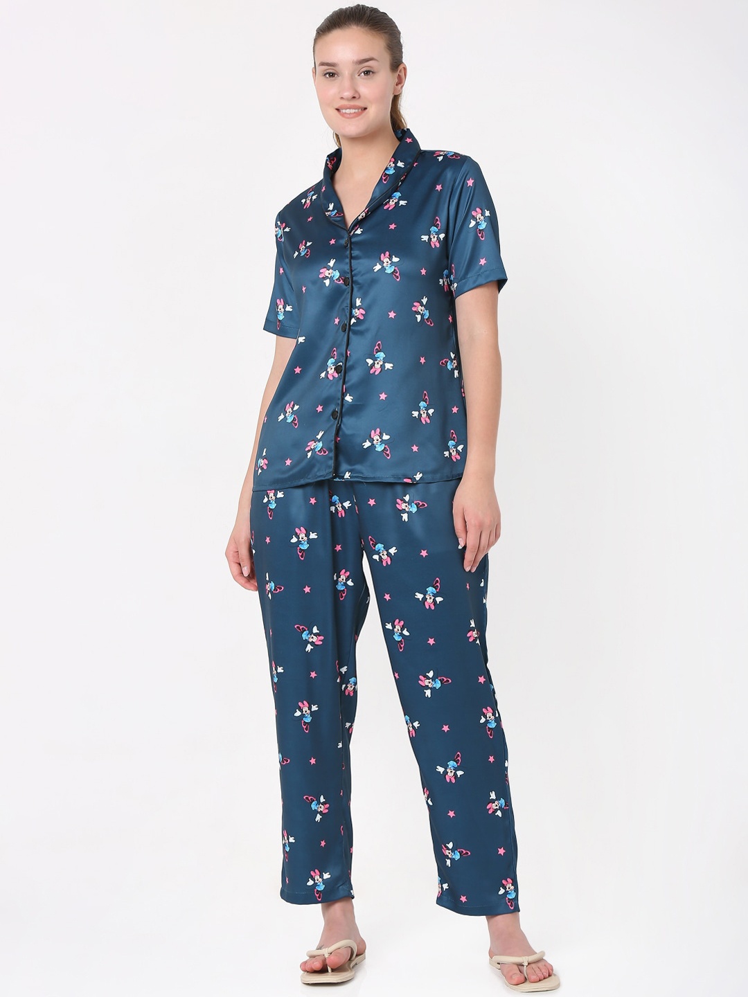 

Smarty Pants Women Teal Printed Satin Night suit