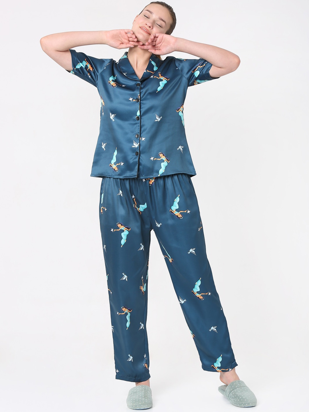 

Smarty Pants Women Teal & Brown Satin Printed Night suit