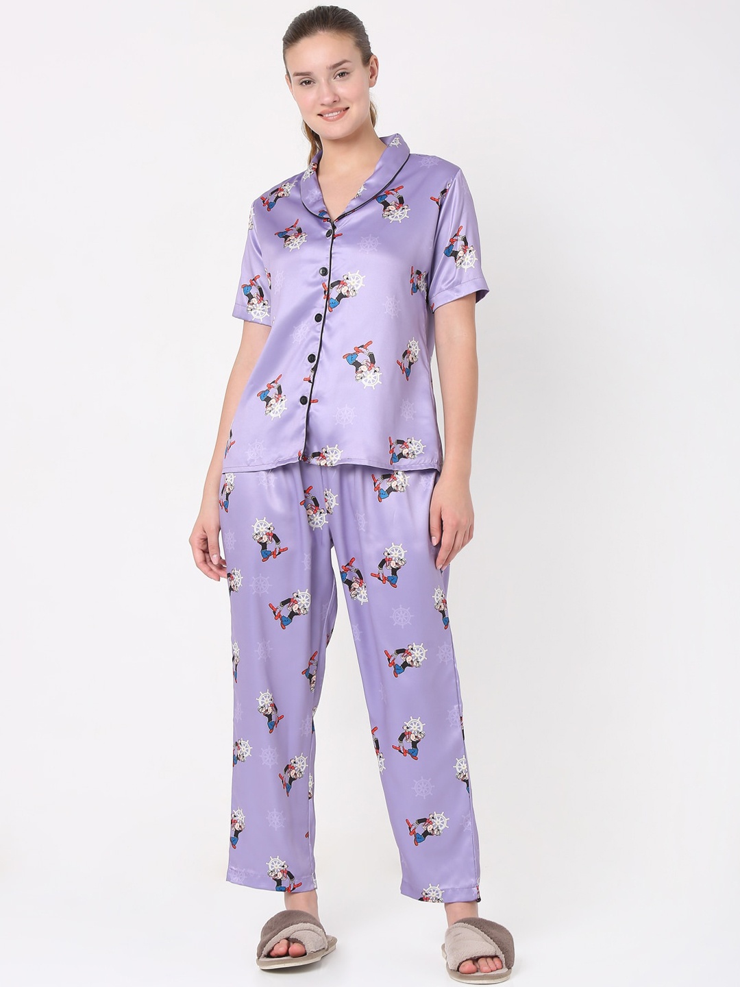 

Smarty Pants Women Purple & White Cartoon Printed Satin Night suit