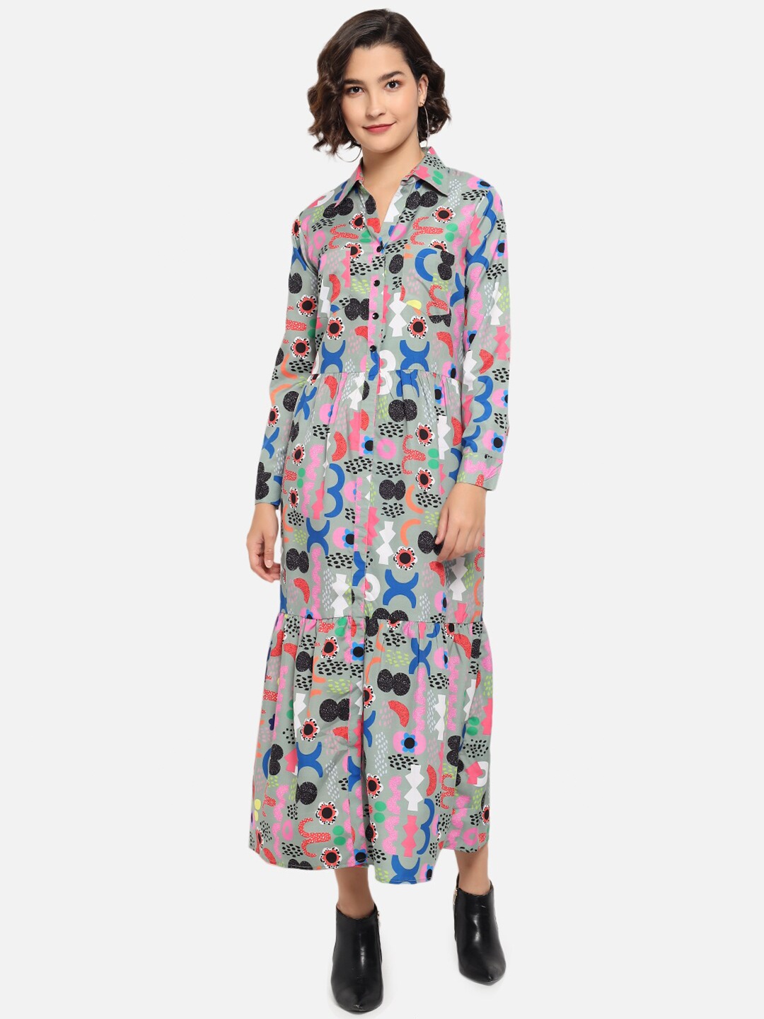 

Kannan Grey & Red Printed Crepe Shirt Maxi Dress