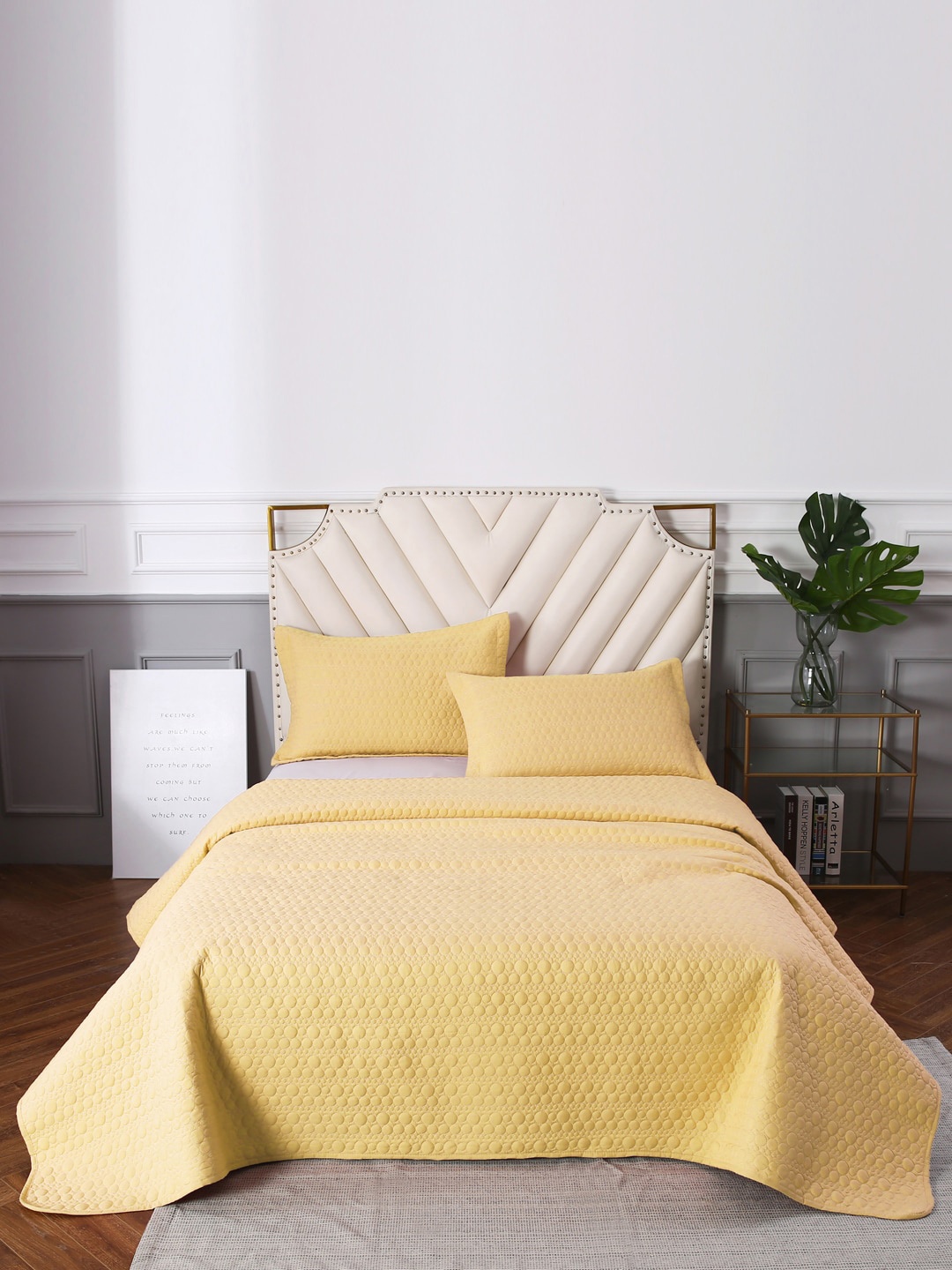 

URBAN DREAM Yellow Solid Quilted Double Bedcover With 2 Pillow Cover