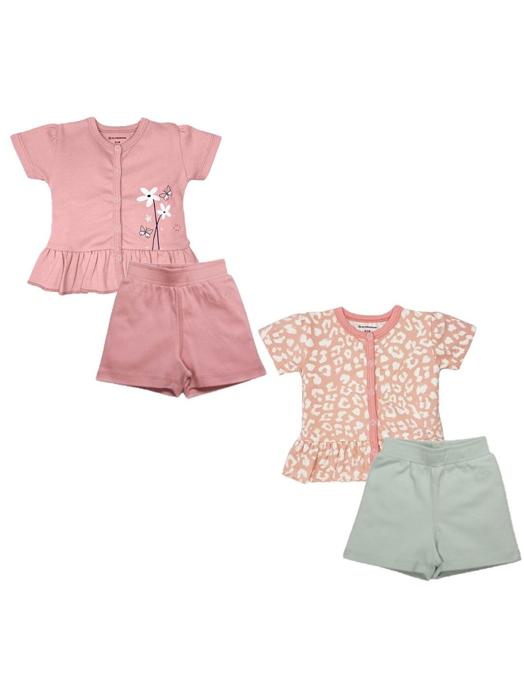 

My Milestones Girls Set of 2 Peach-Coloured & Green Printed Pure Cotton Top with Shorts