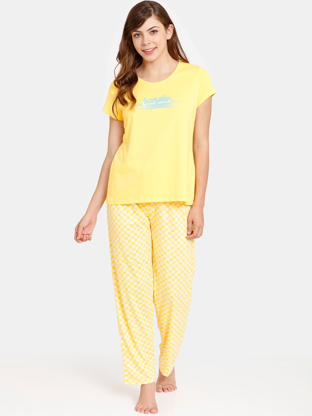 

Rosaline by Zivame Women Yellow & White Printed Night suit