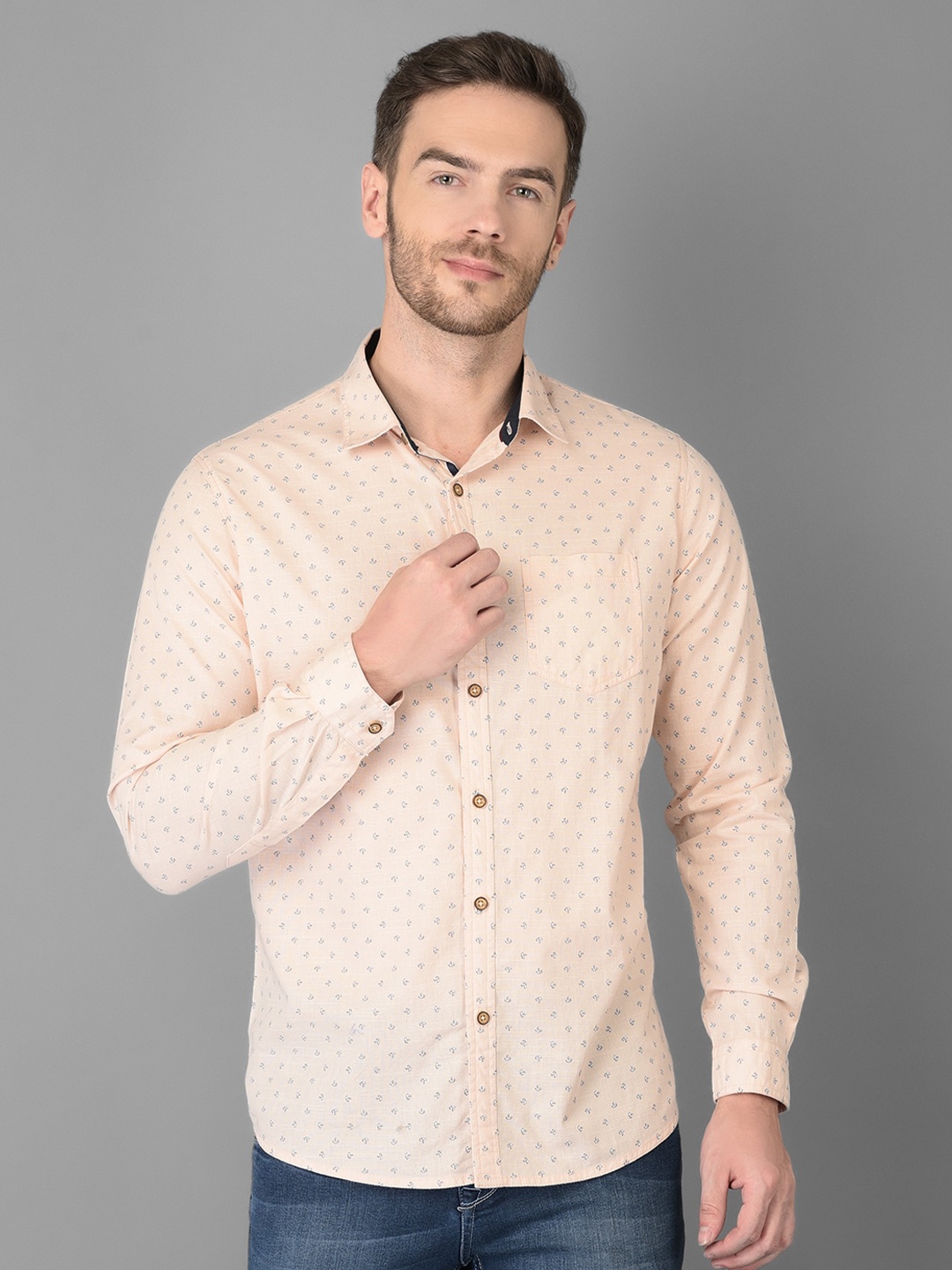 

Canary London Men Peach-Coloured Smart Slim Fit Printed Linen Casual Shirt