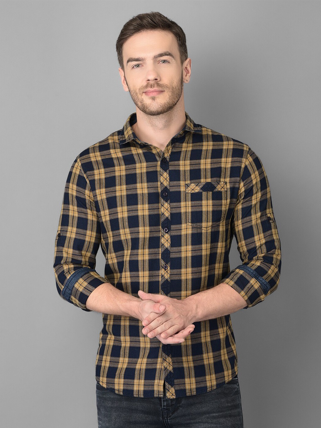 

Canary London Men Khaki Smart Slim Fit Tartan Checks Checked Cotton Casual Shirt