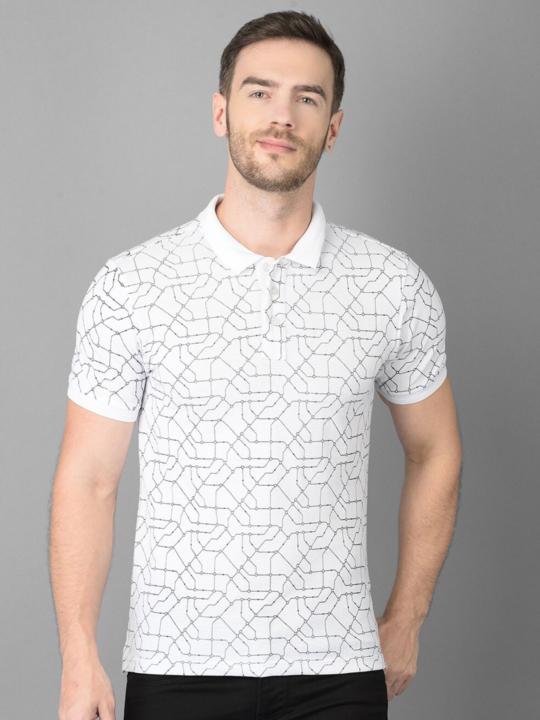 

Canary London Men White Geometric Printed Polo Collar Cotton Slim Fit T-shirt