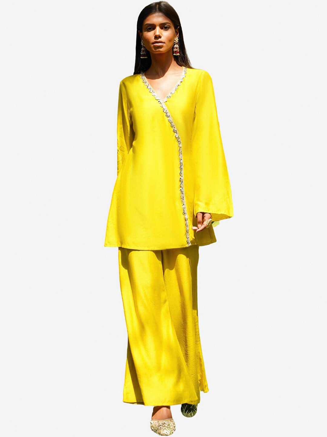 

Alaya By Stage3 Women Yellow Embroidered Chanderi Cotton Flared Sleeves Kurta