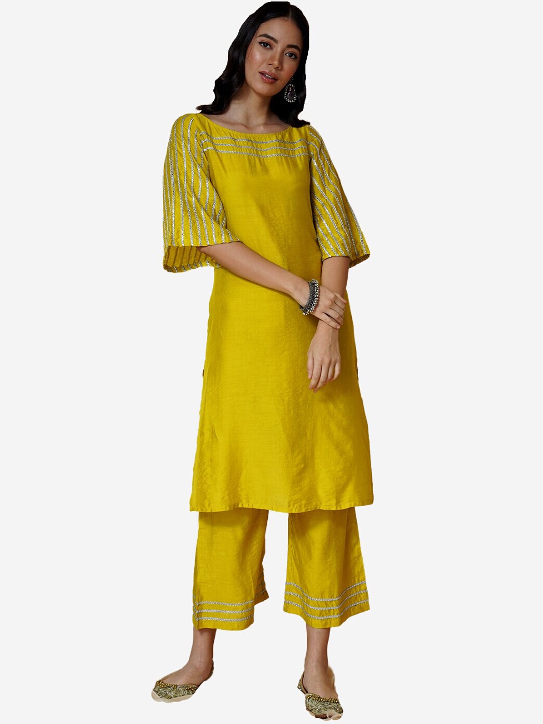 

Alaya By Stage3 Women Yellow Flared Sleeves Chanderi Cotton Gotta Patti Kurta