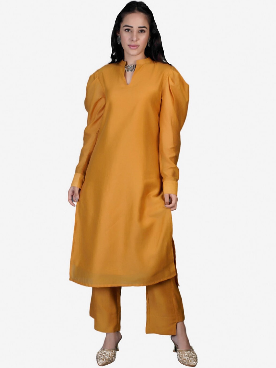 

Alaya By Stage3 Women Mustard Yellow Solid Keyhole Neck Puff Sleeves Kurta