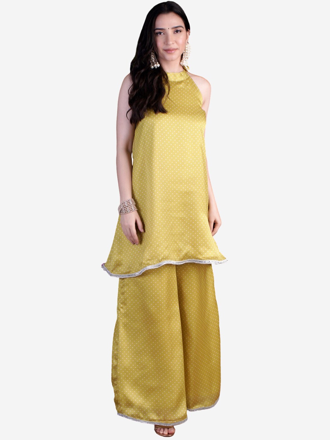 

Alaya By Stage3 Yellow Printed Halter Neck Pure Georgette Kurti