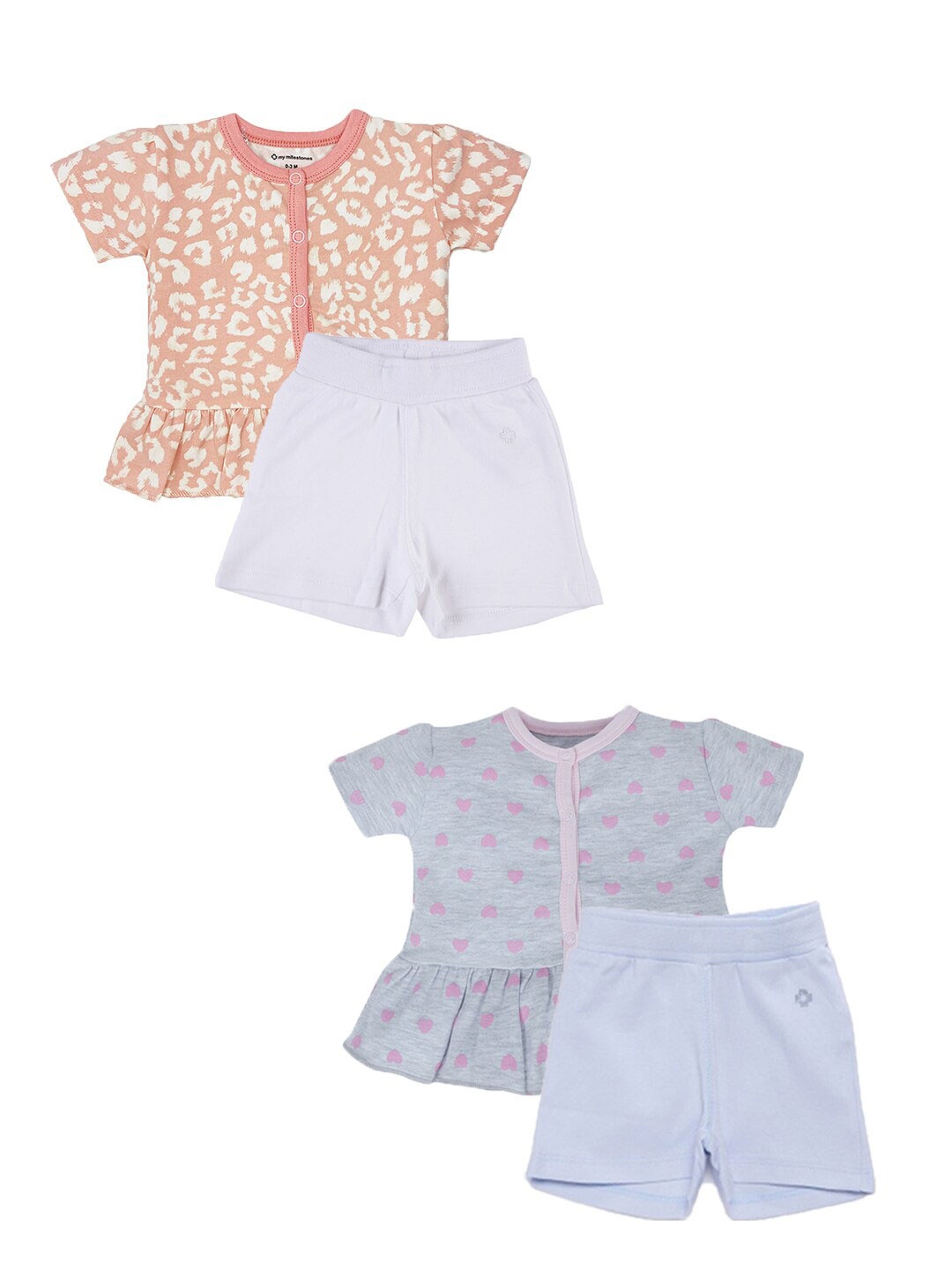 

My Milestones Girls Pack Of 2 Grey & Peach-Coloured Printed Pure Cotton Top with Shorts