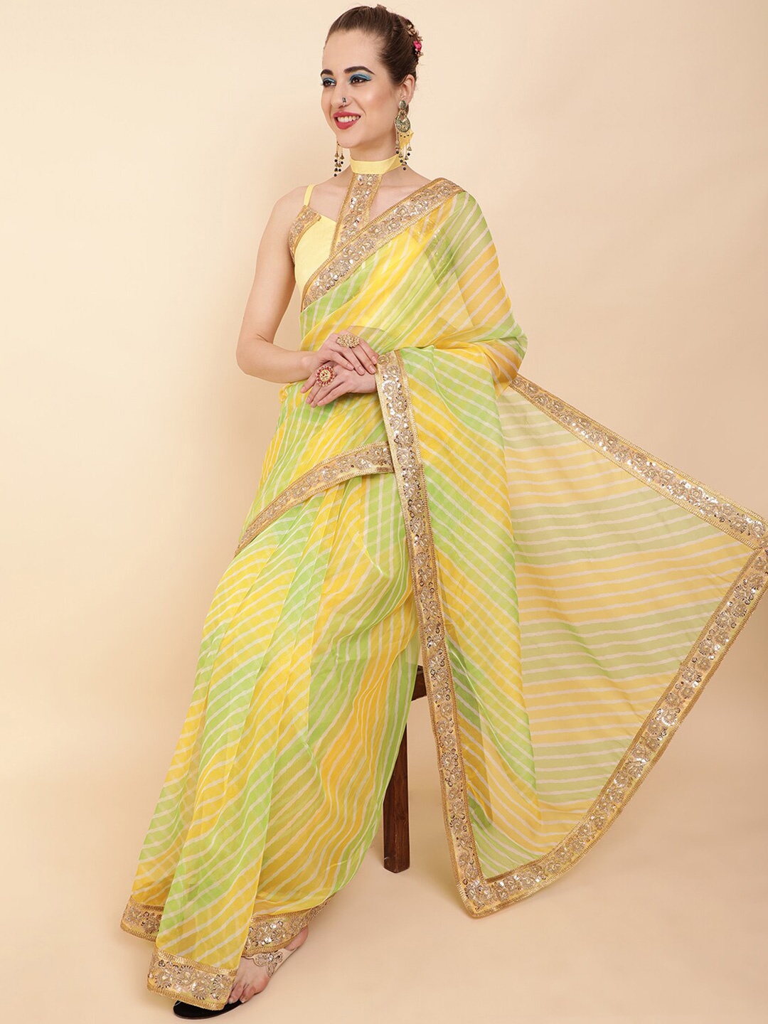 

Sangria Yellow & Green Leheriya Printed Sequinned Organza Saree