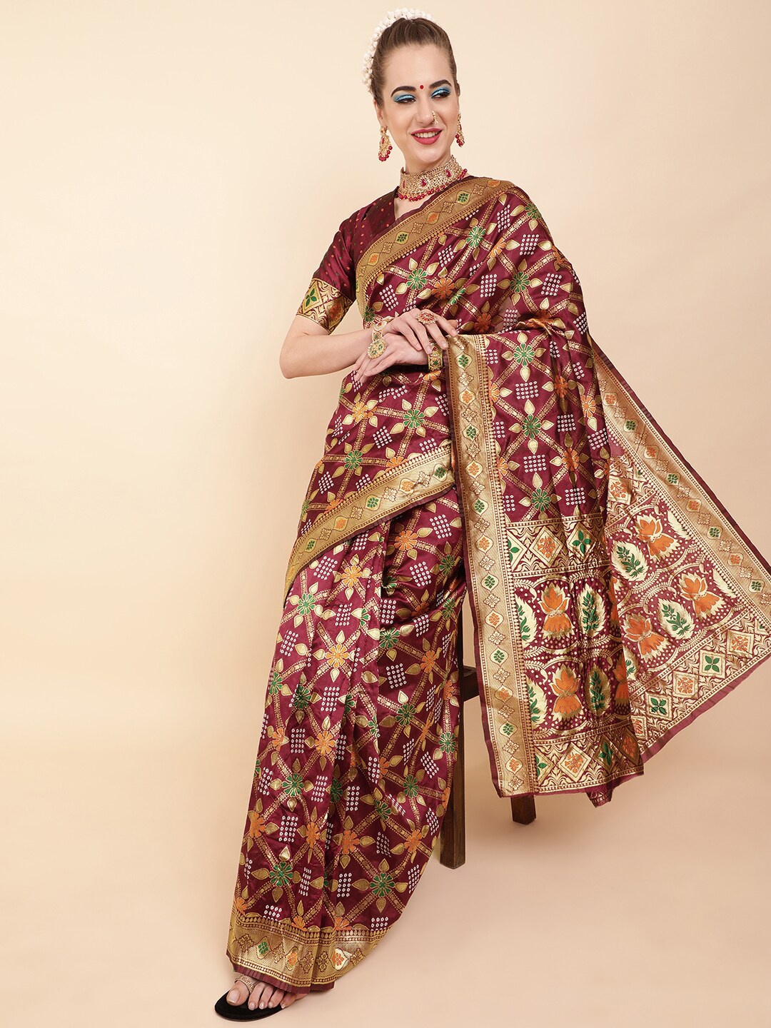 

Sangria Maroon & Green Ethnic Motifs Zari Silk Blend Banarasi Saree