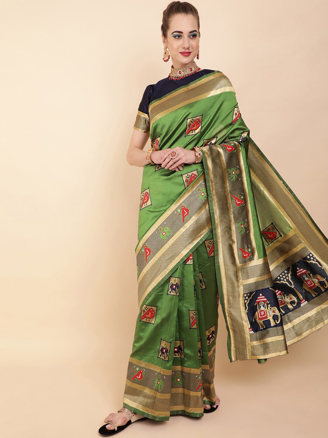 

Sangria Green & Red Woven Design Zari Silk Blend Banarasi Saree