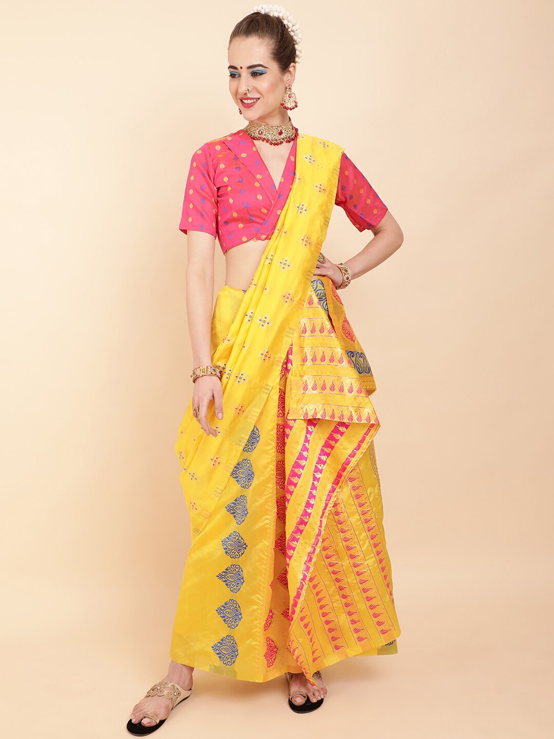 

Sangria Yellow & Pink Woven Design Zari Silk Blend Muga Saree