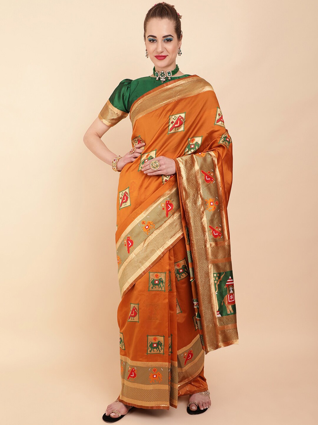 

Sangria Mustard & Gold-Toned Ethnic Motifs Zari Silk Blend Banarasi Saree