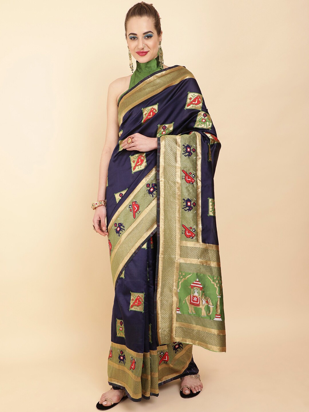 

Sangria Blue & Green Woven Design Zari Silk Blend Banarasi Saree