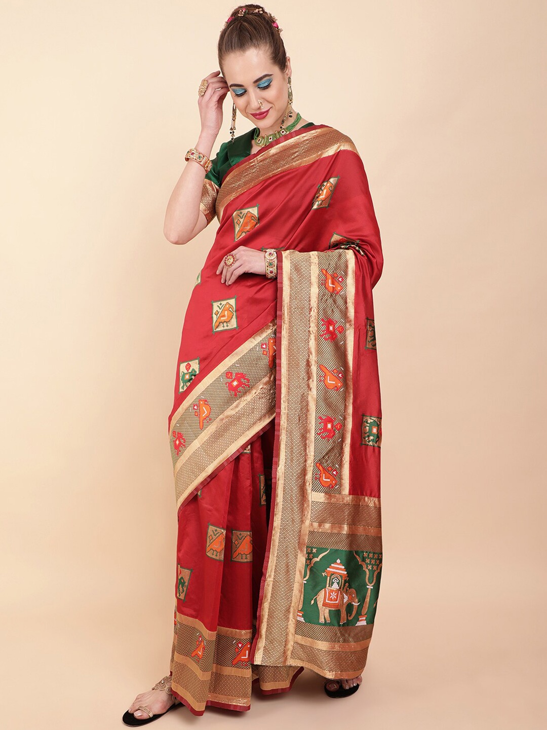 

Sangria Red & Green Woven Design Zari Silk Blend Banarasi Saree