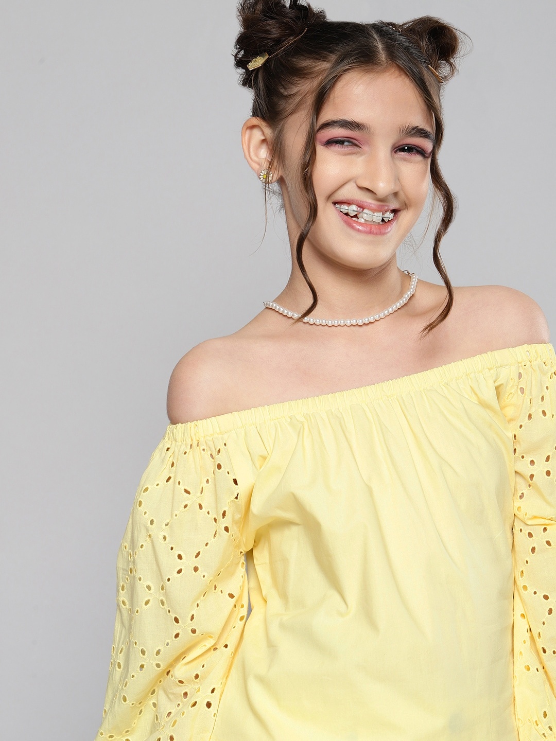 

JUSTICE Yellow Off-Shoulder Pure Cotton Top