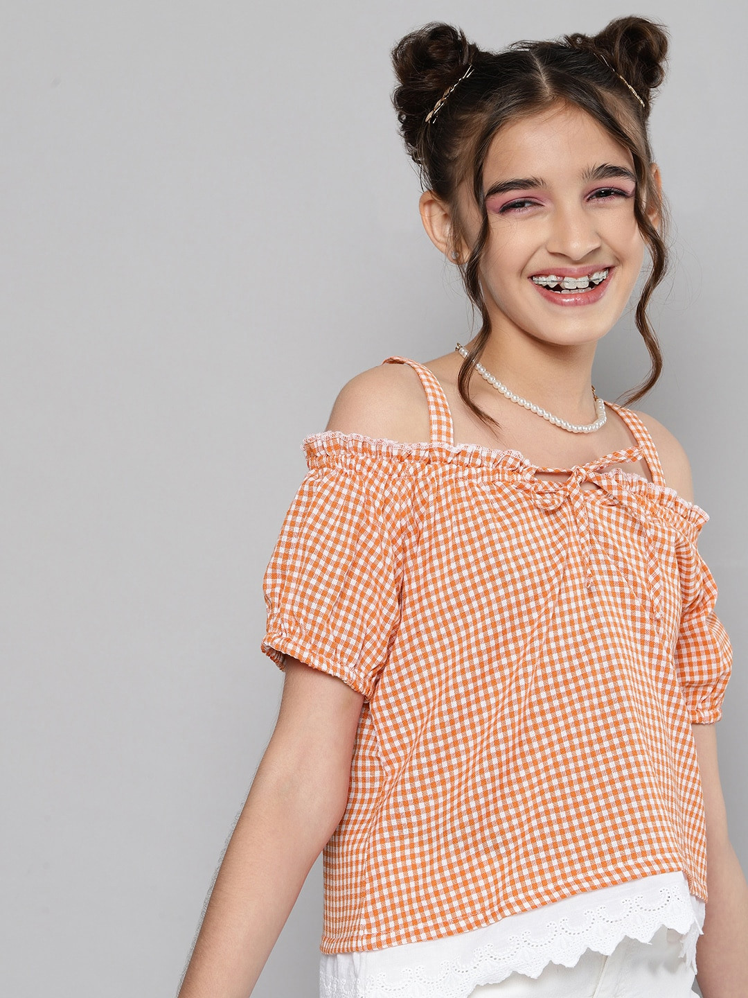 

JUSTICE Girls Orange Checked Tie-Up Neck Ruffles Pure Cottton Top