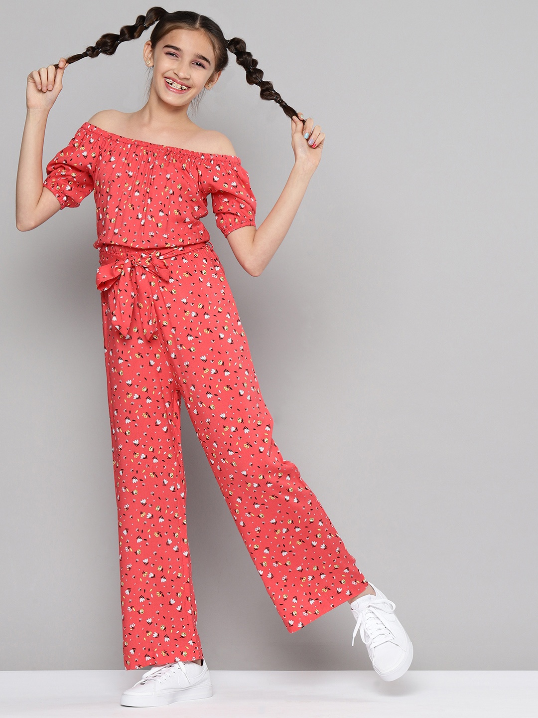 

JUSTICE Girls Coral Off-Shoulder Printed Basic Jumpsuit