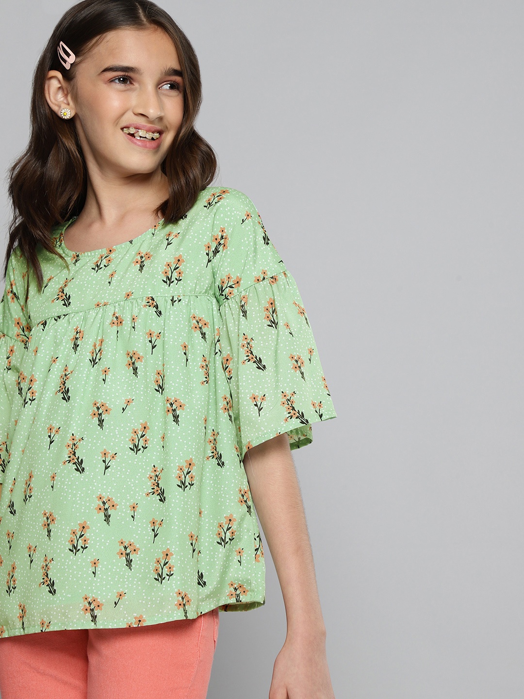 

JUSTICE Green Floral Print Empire Top