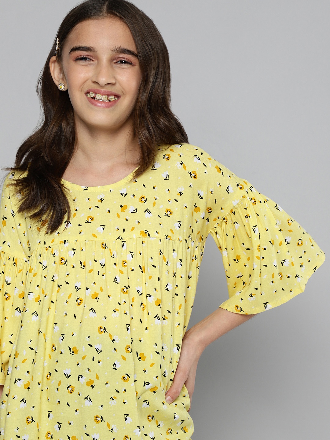 

JUSTICE Yellow Floral Print Empire Top