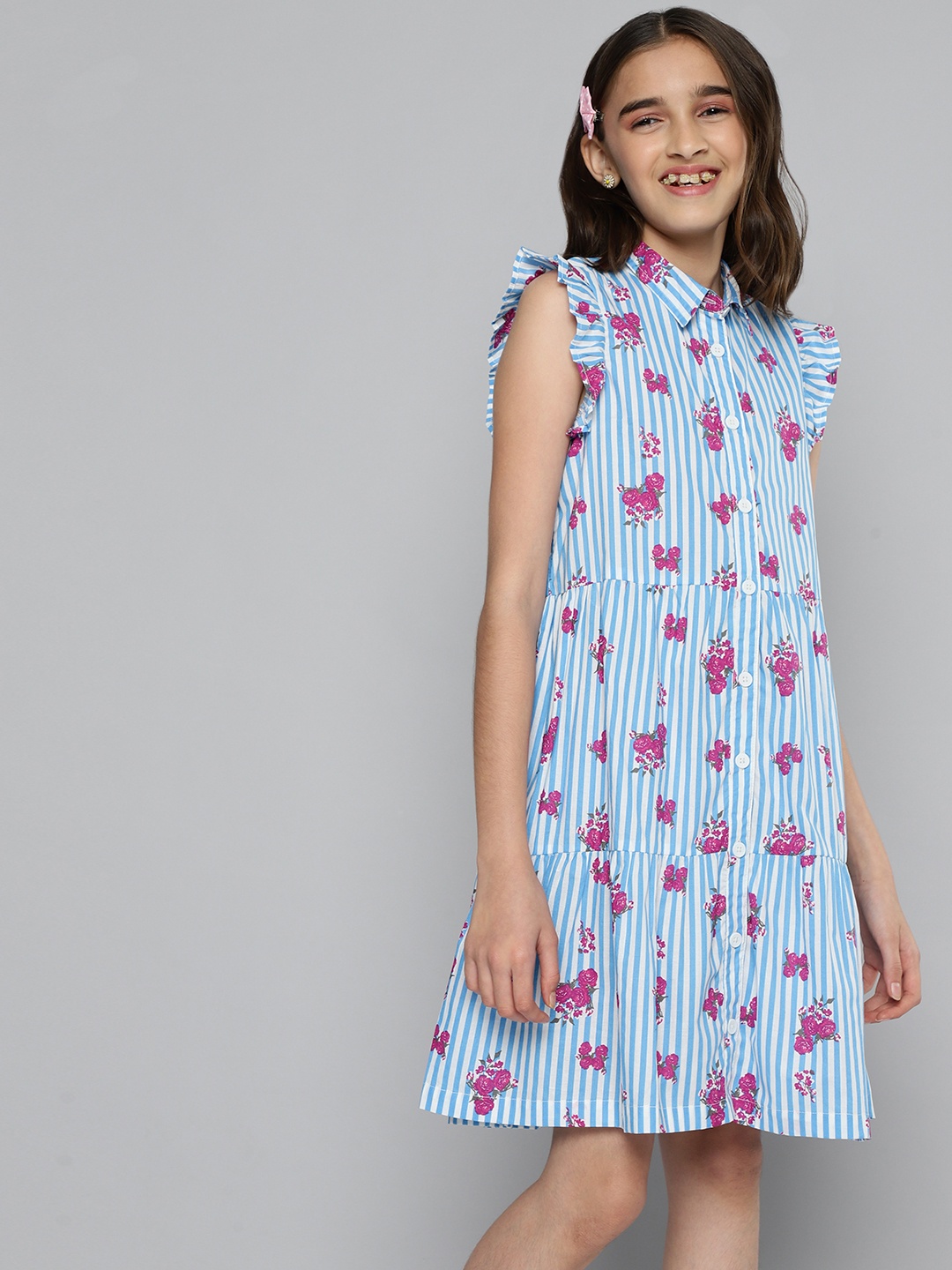 

JUSTICE White & Blue Floral Print with Stripes Shirt Style Dress
