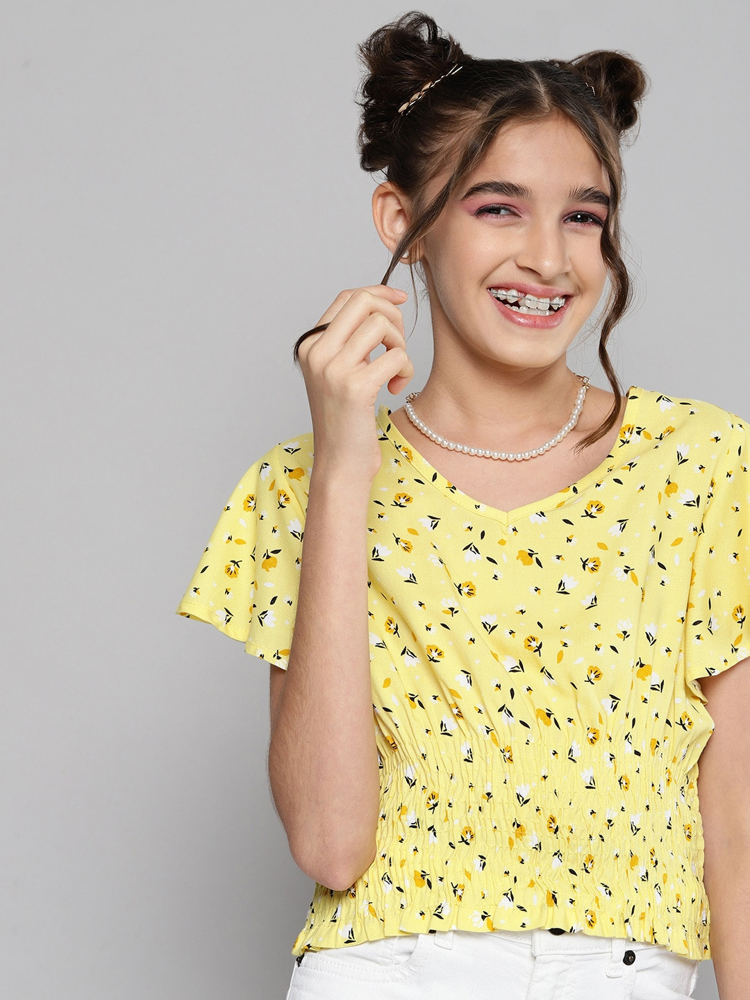 

JUSTICE Yellow Floral Print Cinched Waist Top