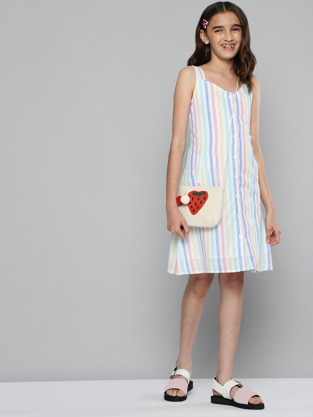 

JUSTICE Blue & Green Striped A-Line Pure Cotton Dress