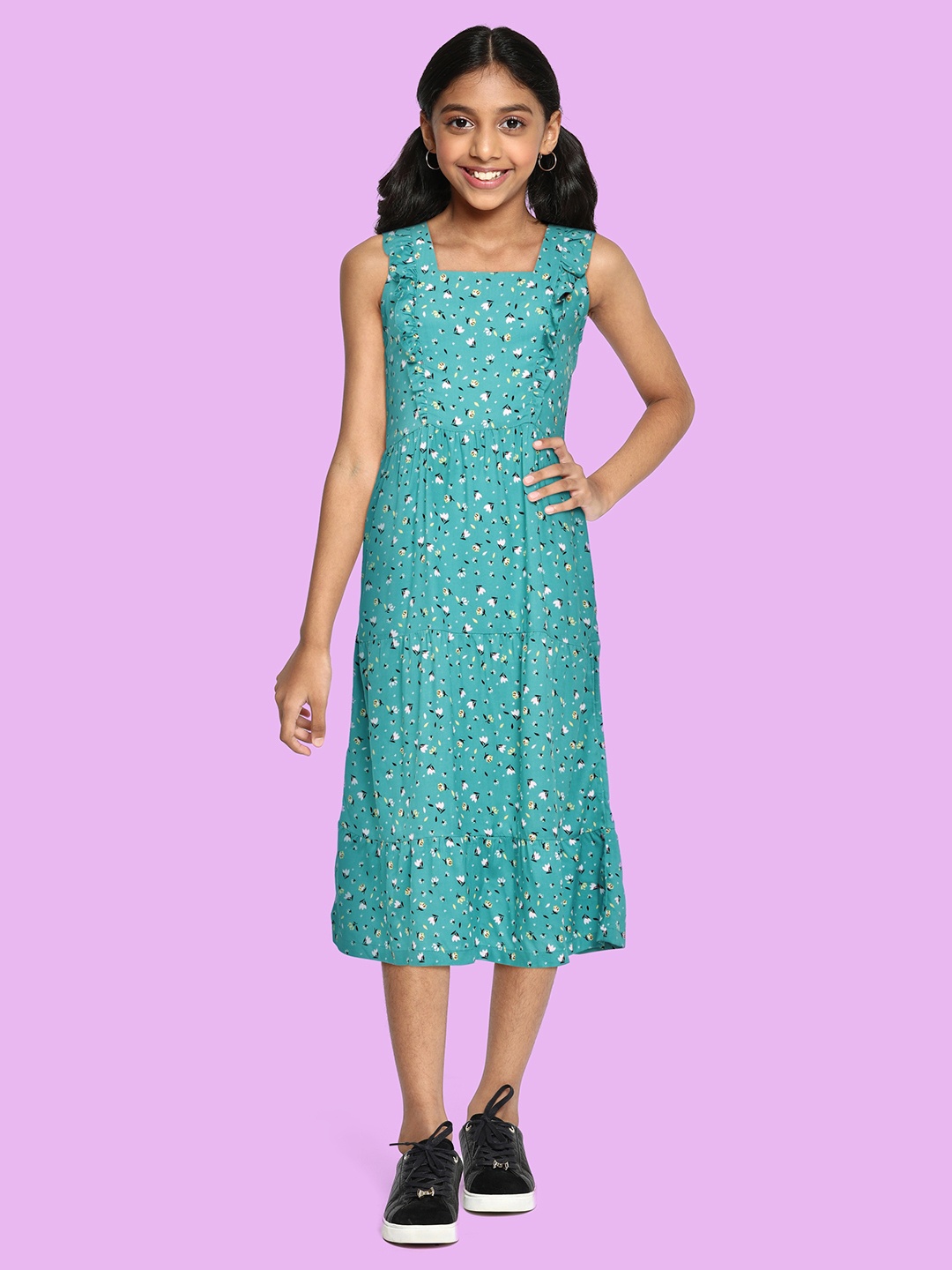 

JUSTICE Turquoise Blue Floral Print A-Line Tiered Midi Dress