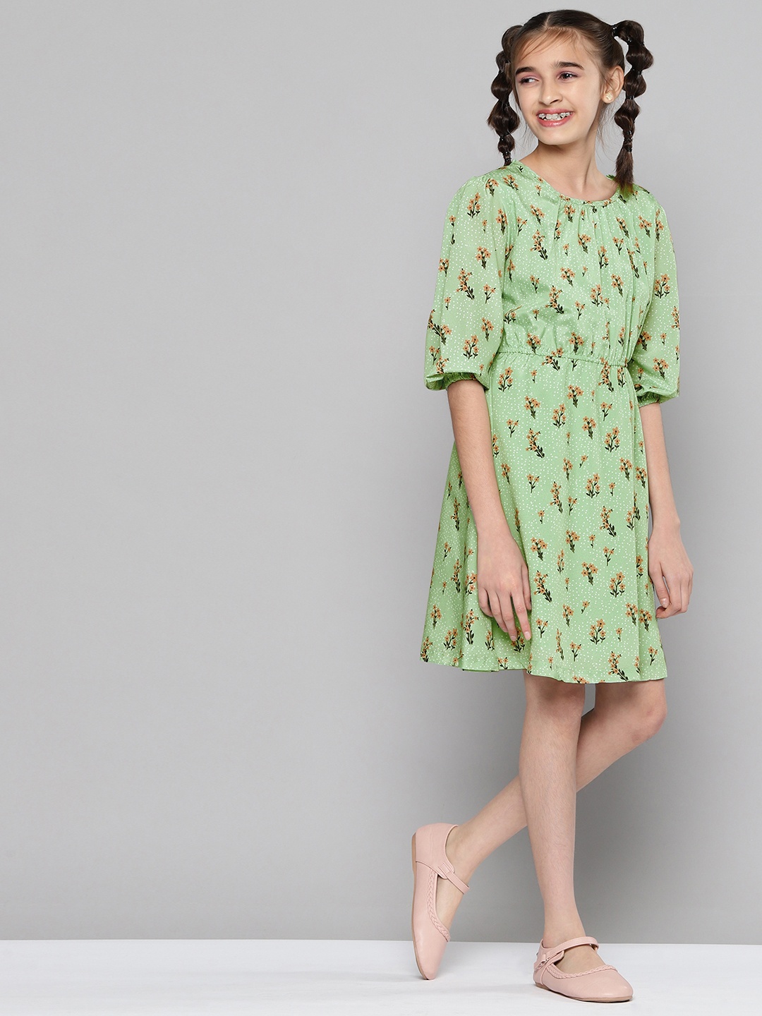 

JUSTICE Green Floral A-Line Dress