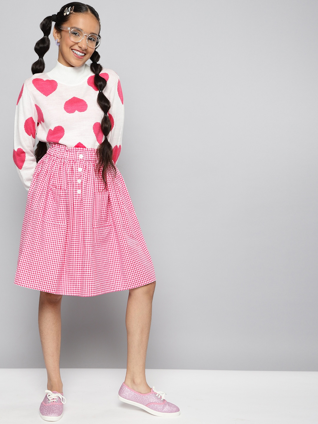 

JUSTICE Girls Pink Checked Pure Cotton Flared Skirt