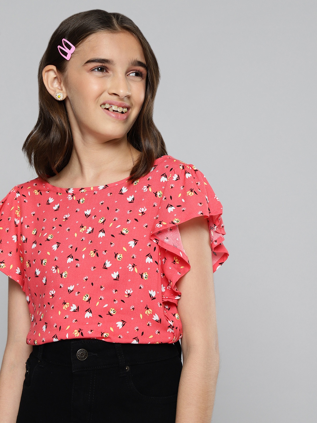 

JUSTICE Girls Coral Pink Printed Top