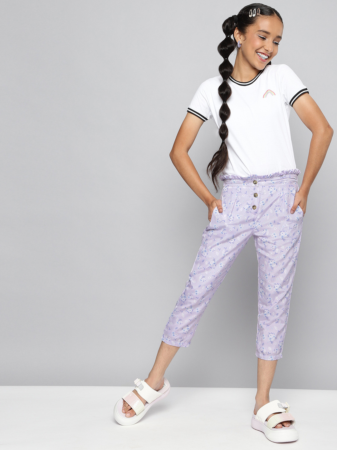 

JUSTICE Girls Lavender & White Floral Print Mid-Rise Regular Trousers