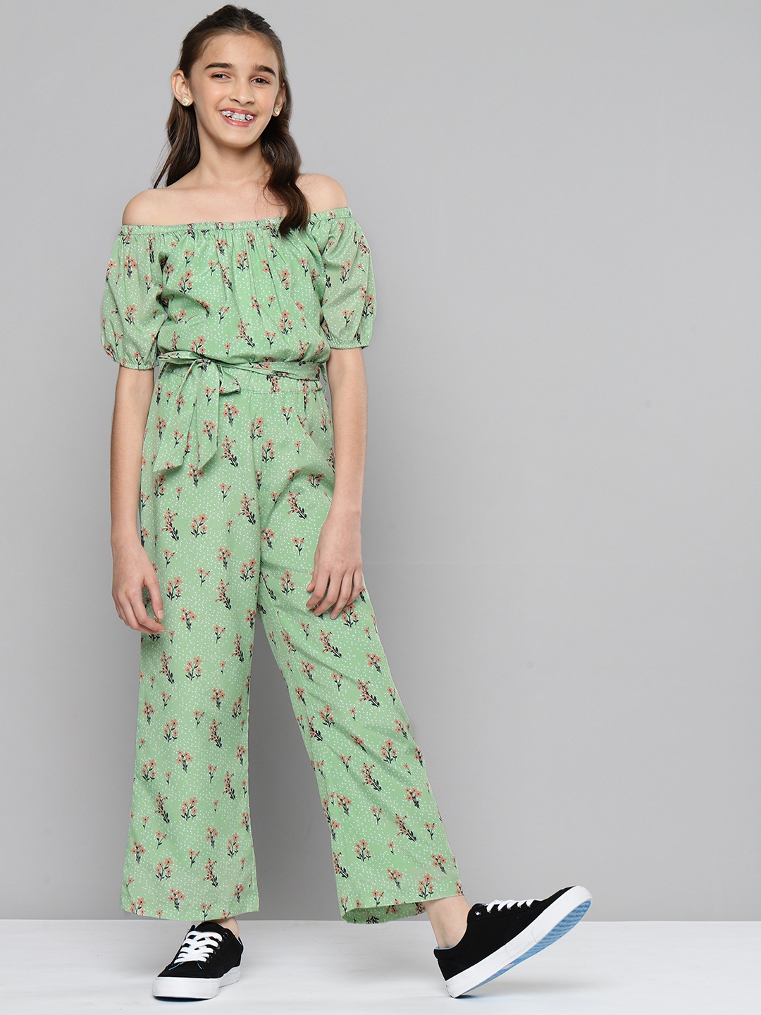 

JUSTICE Girls Green Off-Shoulder Printed Basic Jumpsuit