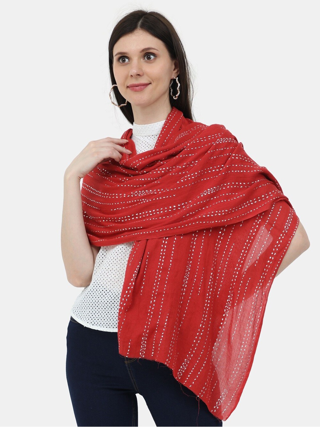 

thickskin Women Red & White Printed Cotton Stole