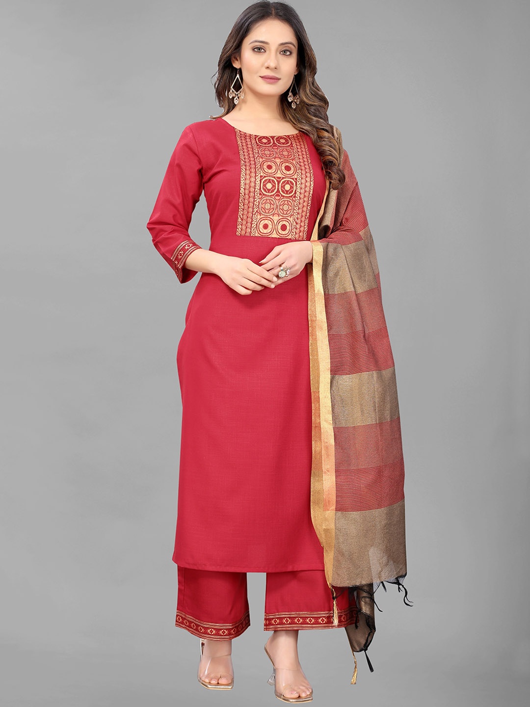 

GUNVANTI FAB Women Maroon Thread Work Kurta with Palazzos & Dupatta