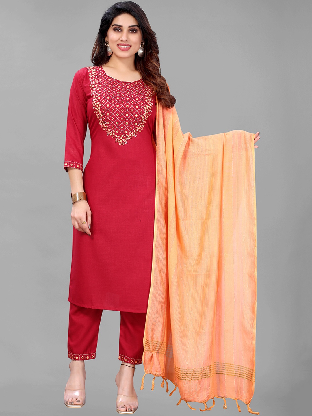

GUNVANTI FAB Women Maroon Embroidered Thread Work Kurta with Trousers & With Dupatta