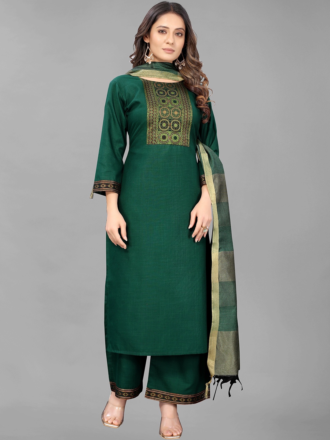 

GUNVANTI FAB Women Green Ethnic Motifs Yoke Design Kurta With Palazzos & Dupatta