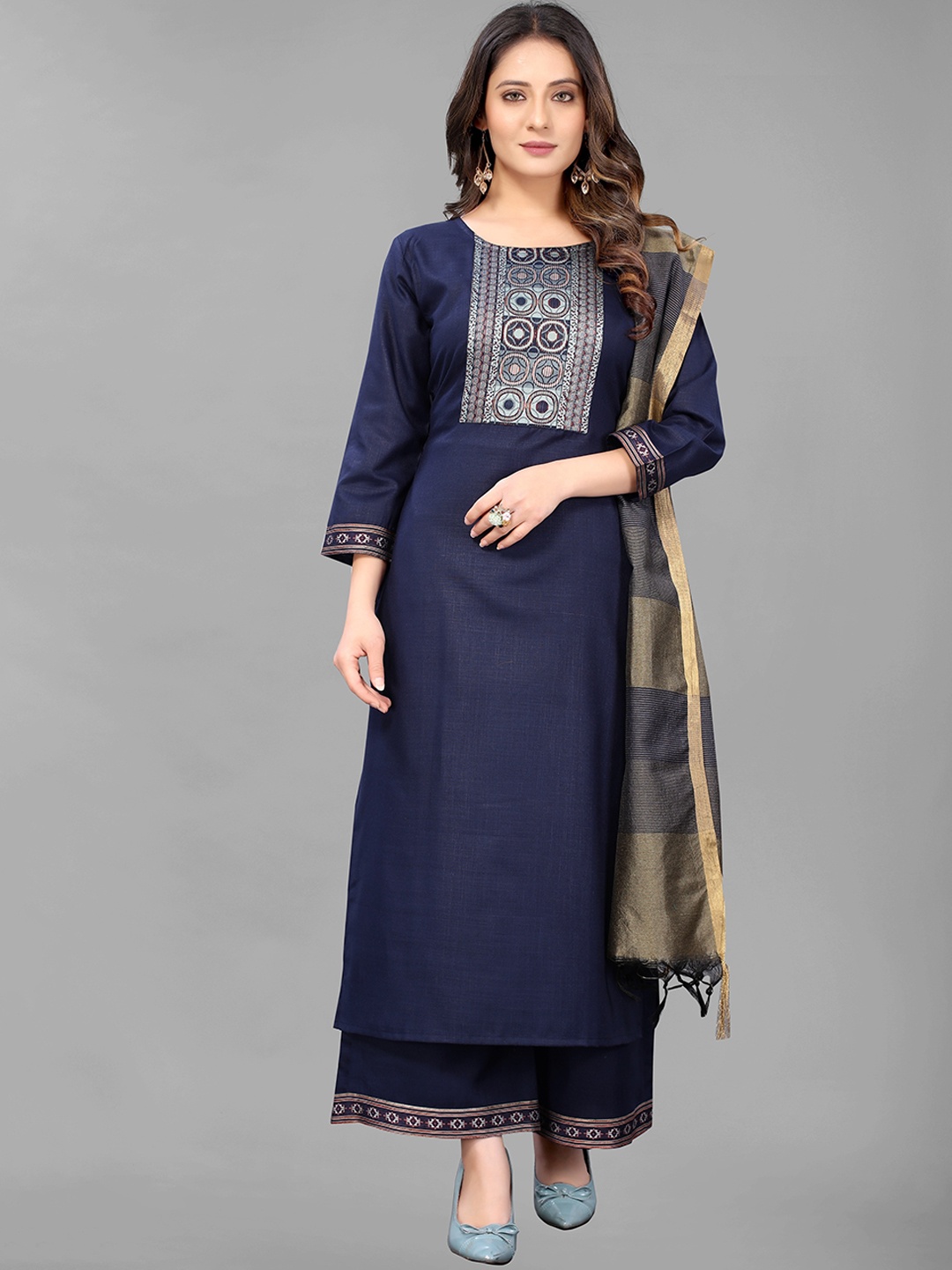 

GUNVANTI FAB Women Navy Blue Yoke Design Thread Work Kurta with Palazzos & Dupatta