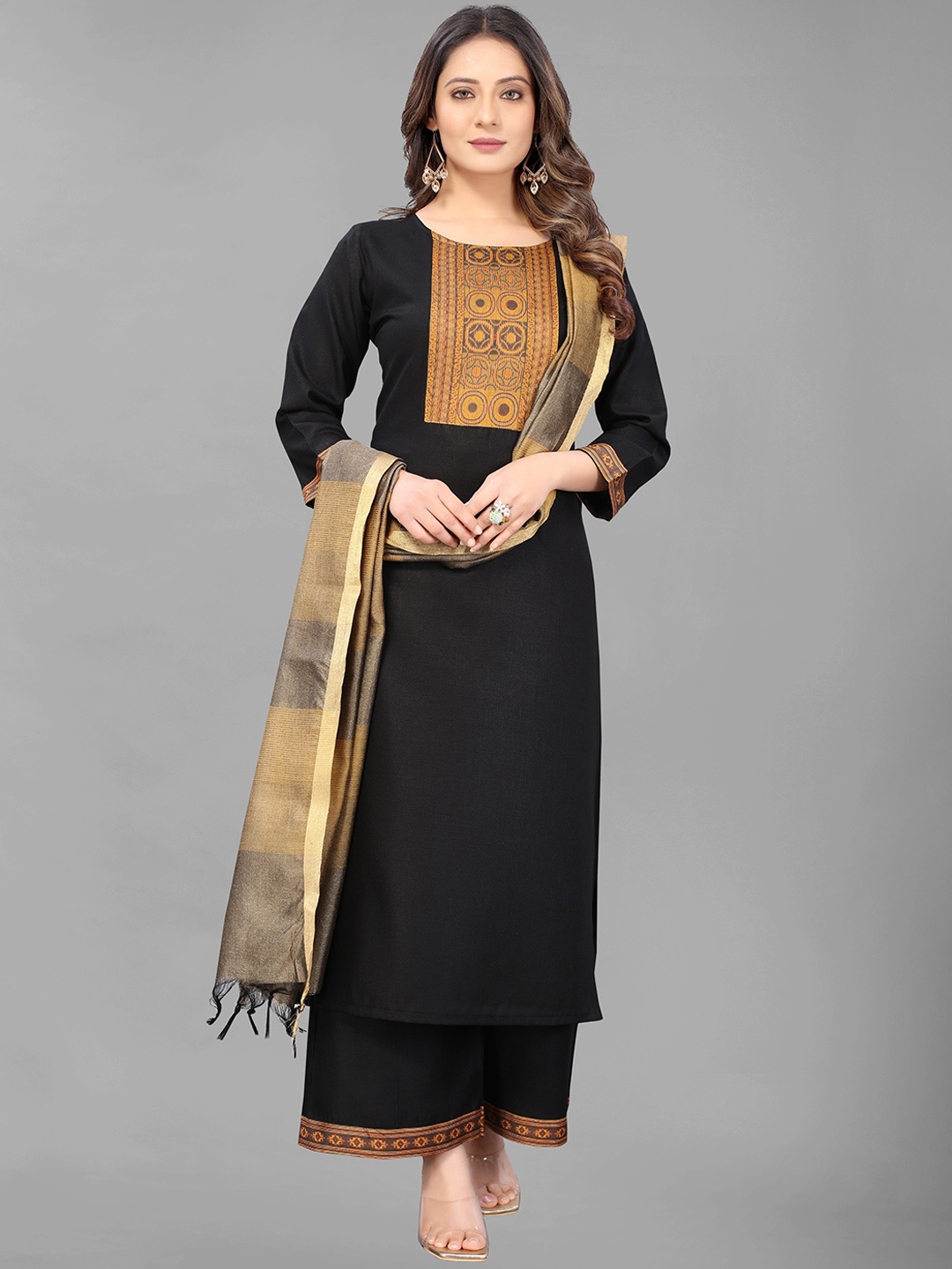 

GUNVANTI FAB Women Black Yoke Design Thread Work Kurta with Palazzos & Dupatta