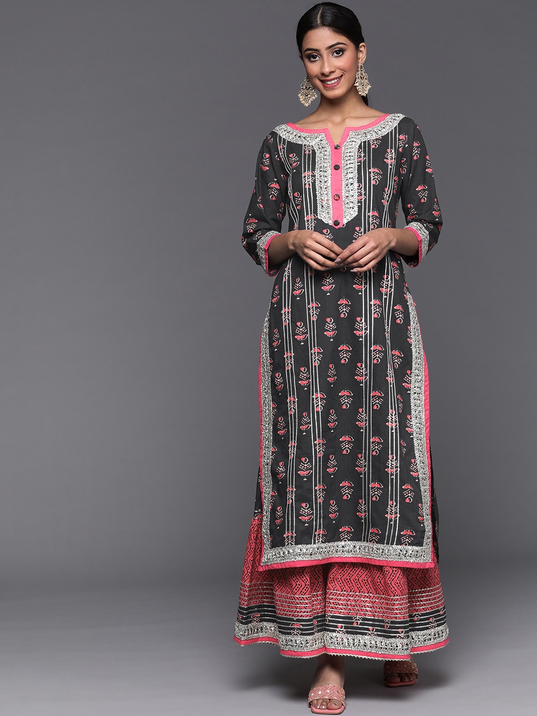 

Varanga Women Grey Ethnic Motifs Printed Kurta with Sharara