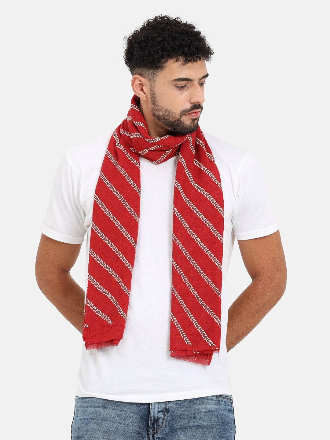 

thickskin Men Red & White Printed Stole With Frayed Border