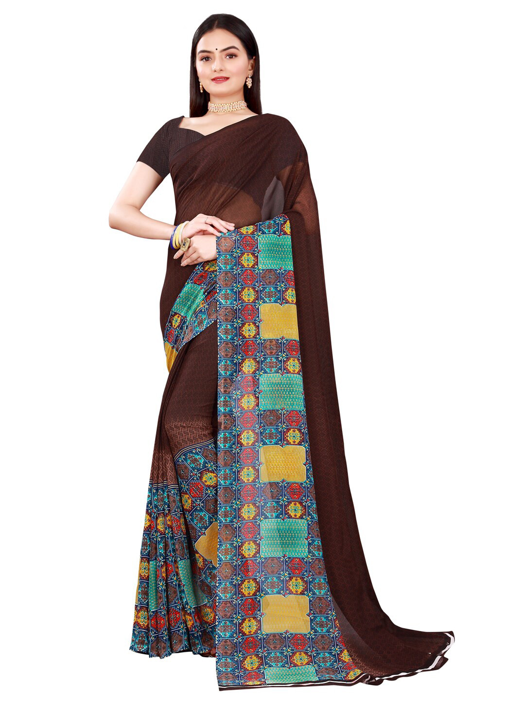 

Florence Brown & Blue Ethnic Motifs Pure Georgette Saree