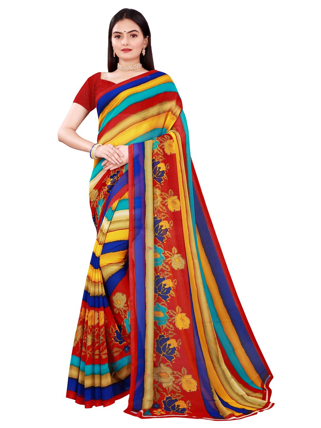 

Florence Blue & Red Striped Pure Georgette Saree